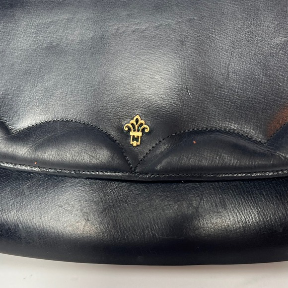 Vintage 1950's Lennox Black Leather Clutch‎ Evening Bag Gold Fleur de Lis Detail - Picture 3 of 10